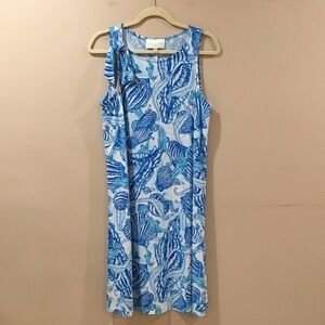 CAPPAGALLO Seahorse Beach Shift Dress Blue Tropical Sundress Cover Up Size 12